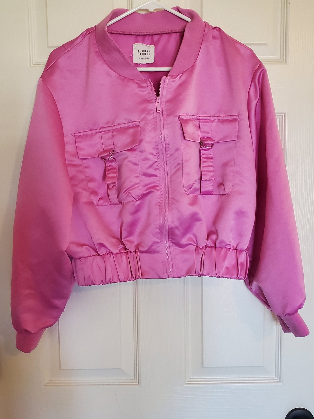 Almost Famous Hot Pink Satin Cropped Bomber Jacket